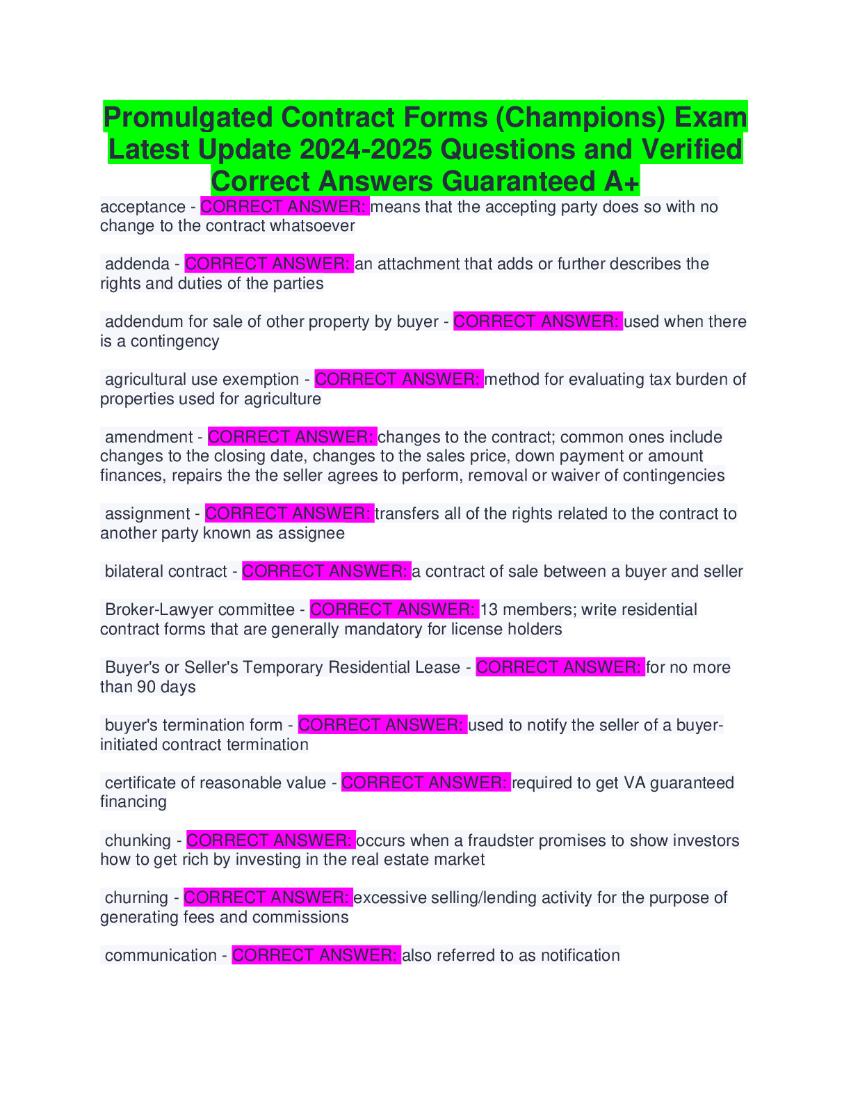 Preview of Promulgated Contract Forms (Champions) Exam Latest Update 2024-2025 Questions and Verified