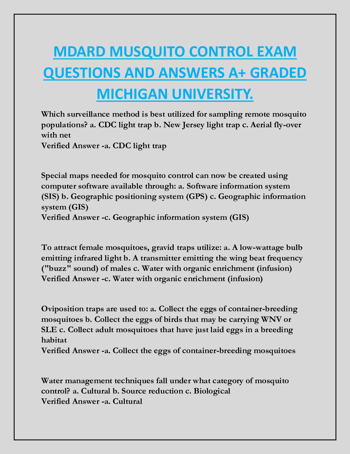 Preview of MDARD MUSQUITO CONTROL EXAM  QUESTIONS AND ANSWERS A+ GRADED  MICHIGAN UNIVERSITY.