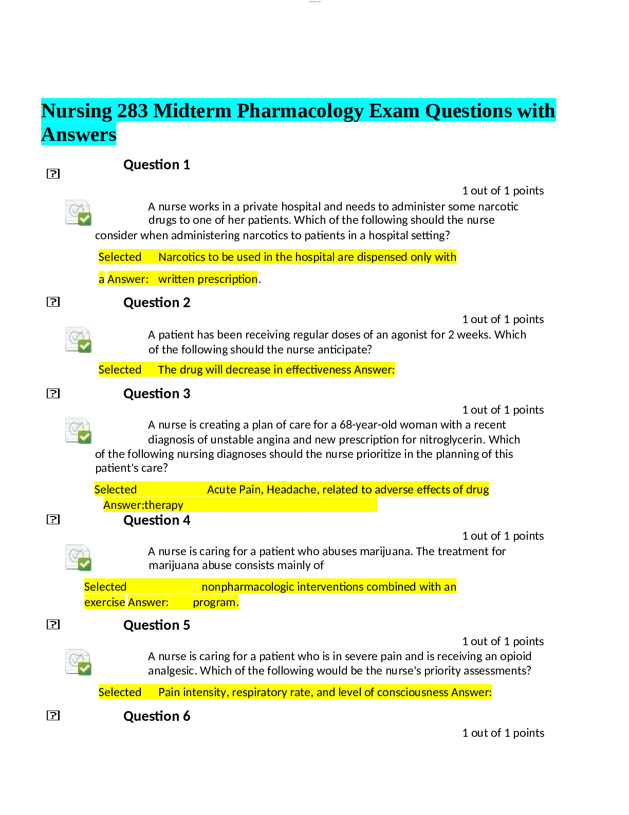 Preview of Nursing 283 Midterm Pharmacology Exam Questions with Answers