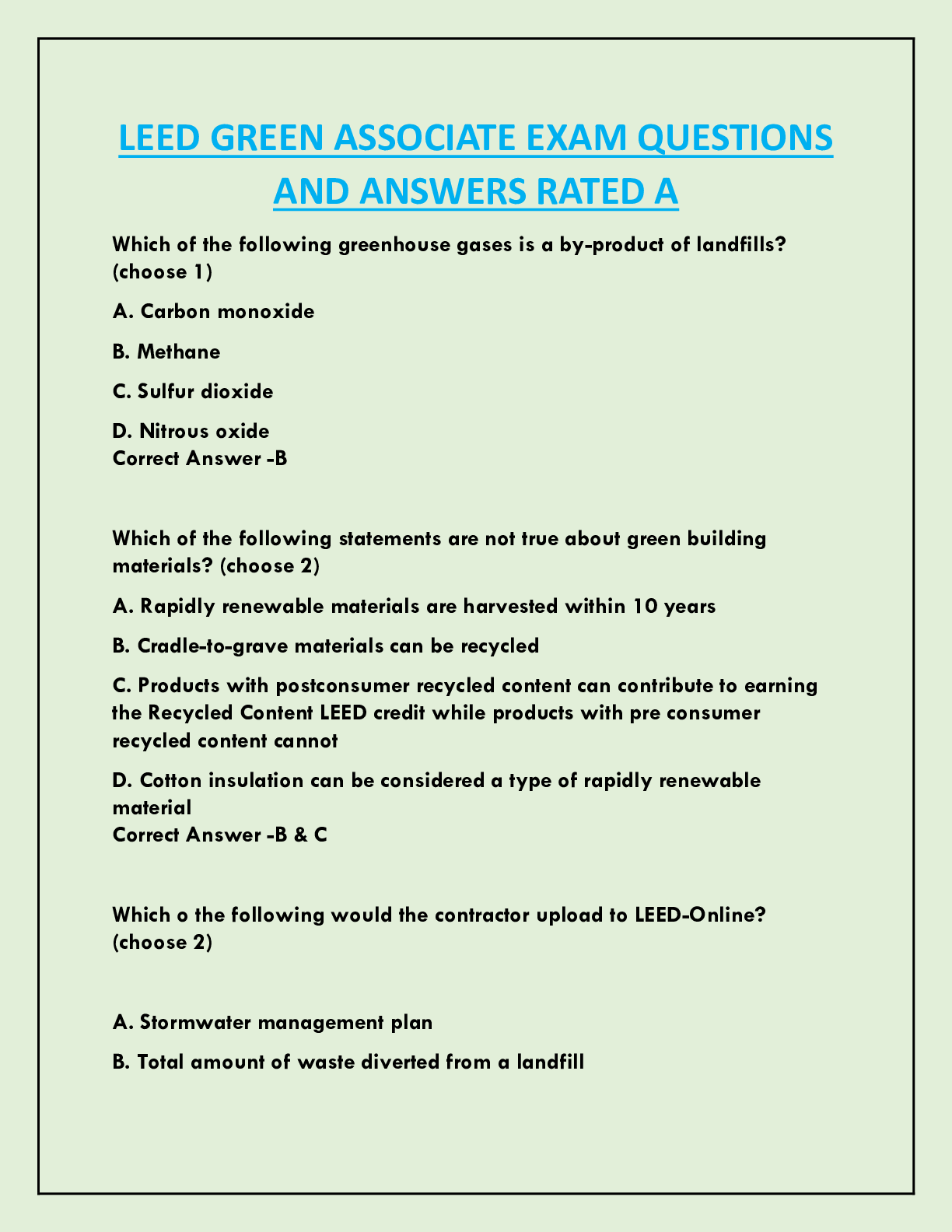 LEED GREEN ASSOCIATE EXAM QUESTIONS  AND ANSWERS RATED A