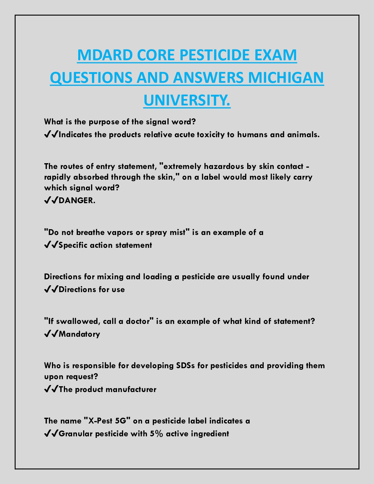 MDARD CORE PESTICIDE EXAM  QUESTIONS AND ANSWERS MICHIGAN  UNIVERSITY.