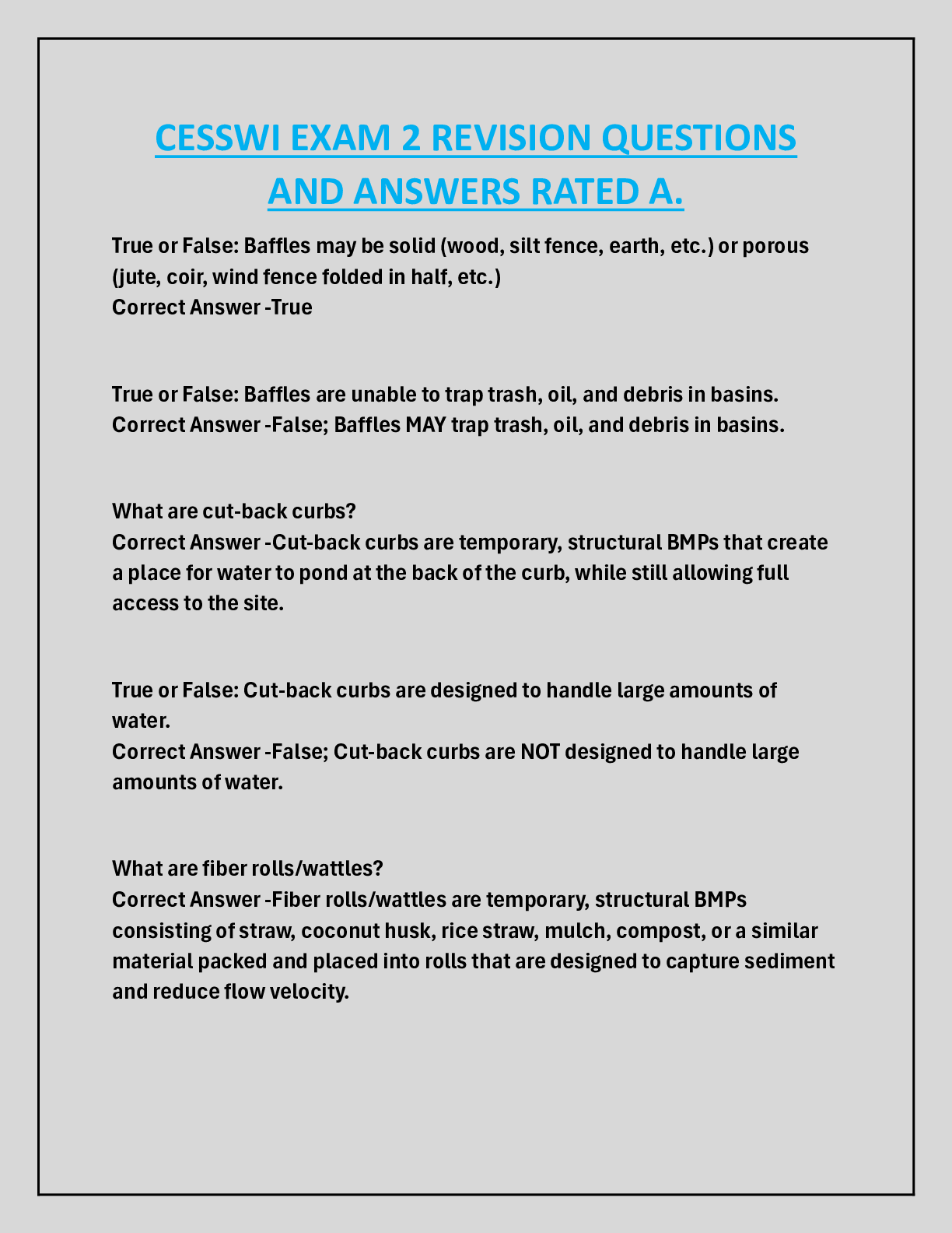 CESSWI EXAM 2 REVISION QUESTIONS  AND ANSWERS RATED A.