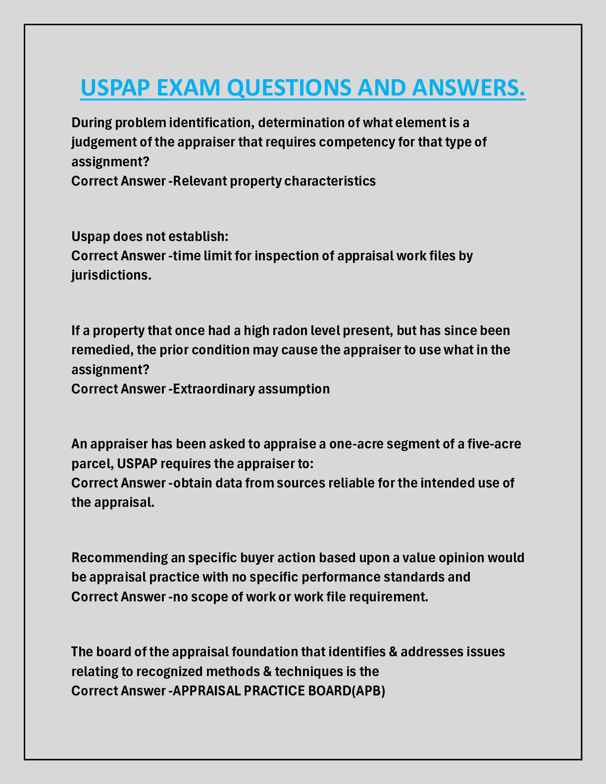 USPAP EXAM QUESTIONS AND ANSWERS.