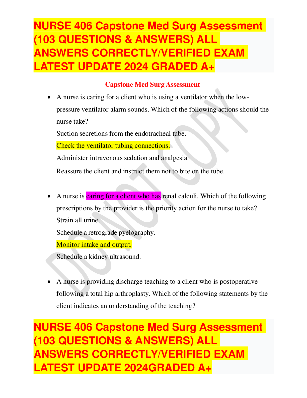 Preview of NURSE 406 Capstone Med Surg Assessment (103 QUESTIONS & ANSWERS) ALL ANSWERS CORRECTLYVERI