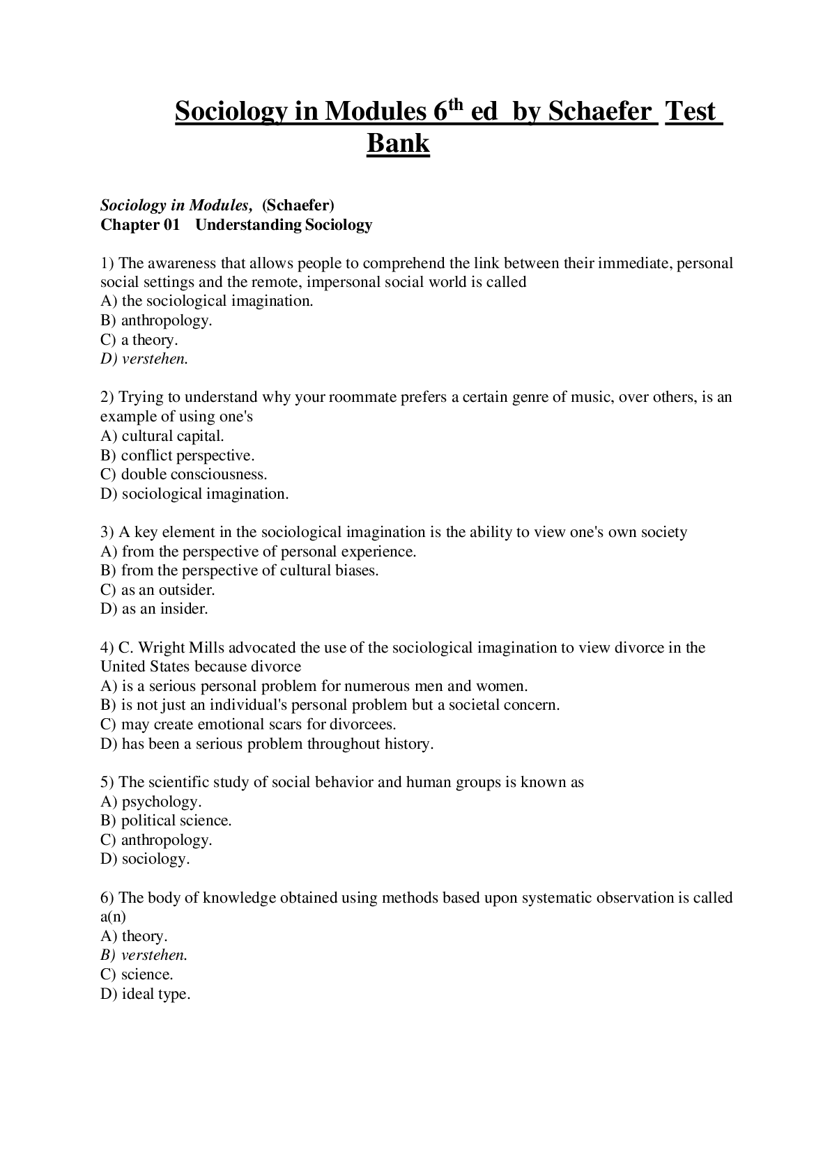 Preview image for TESTBANK For Sociology in Modules 6th ed by schaefer