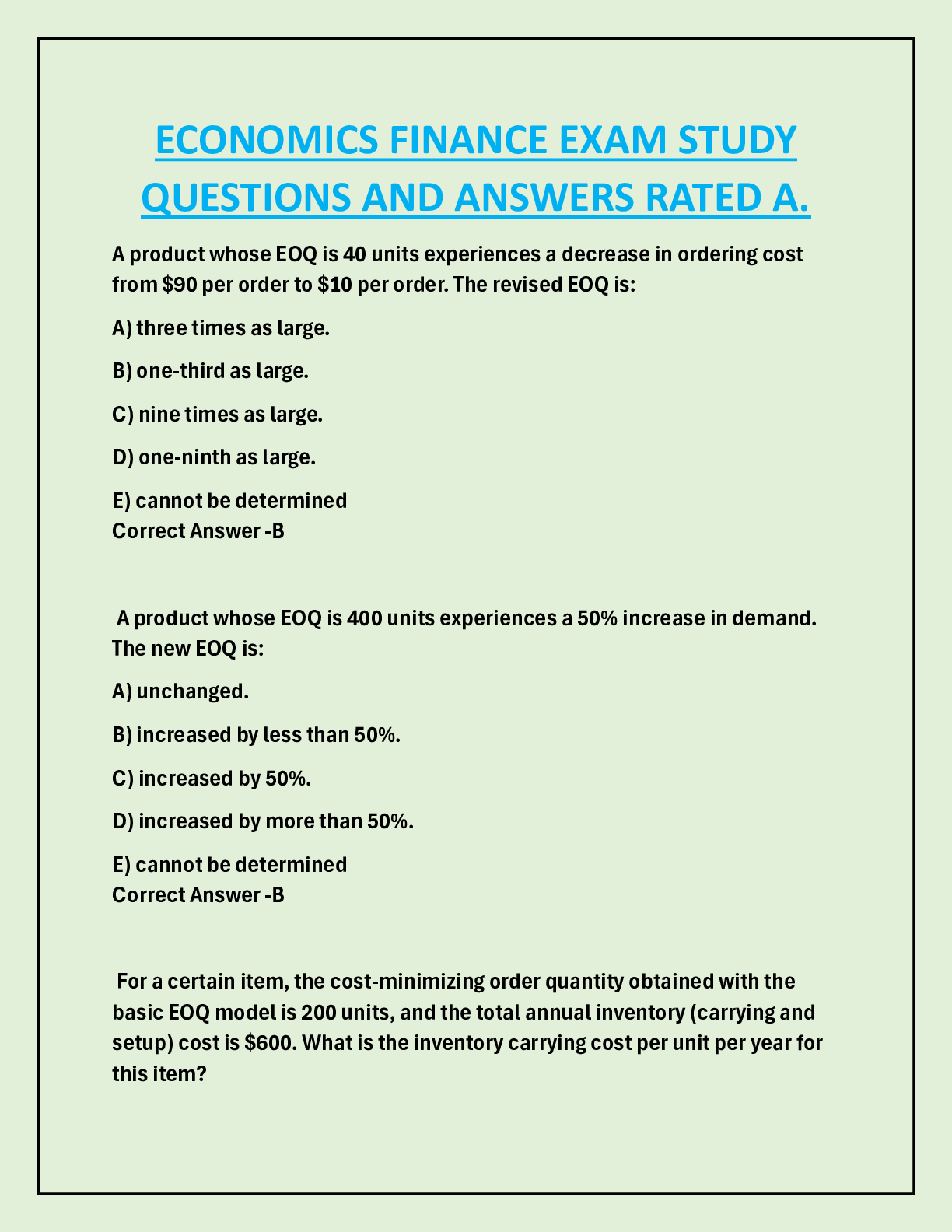 ECONOMICS FINANCE EXAM STUDY  QUESTIONS AND ANSWERS RATED A