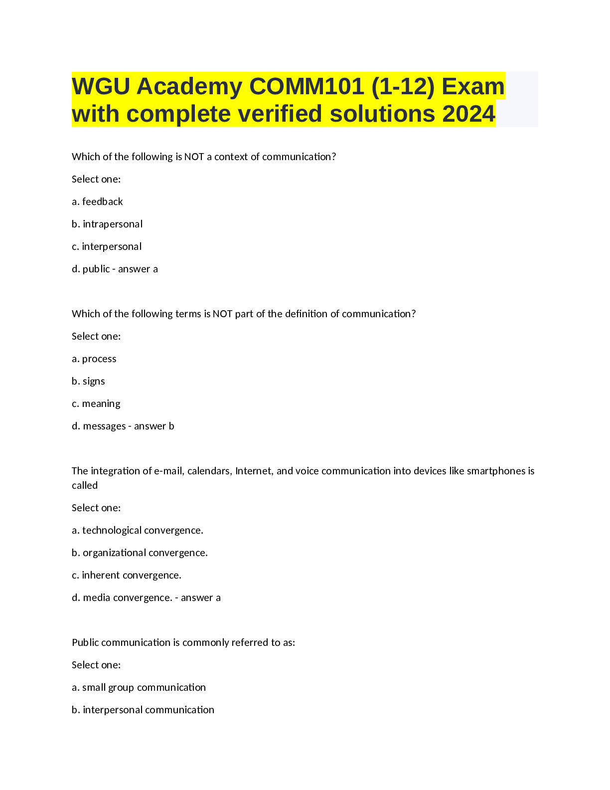 Preview of WGU Academy COMM101 (1-12) Exam with complete verified solutions 2024