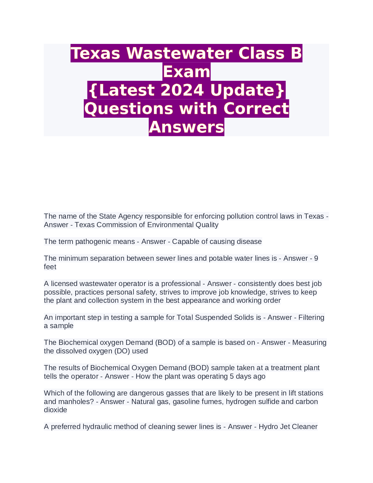 Preview of Texas Wastewater Class B Exam {Latest 2024 Update} Questions with Correct Answers