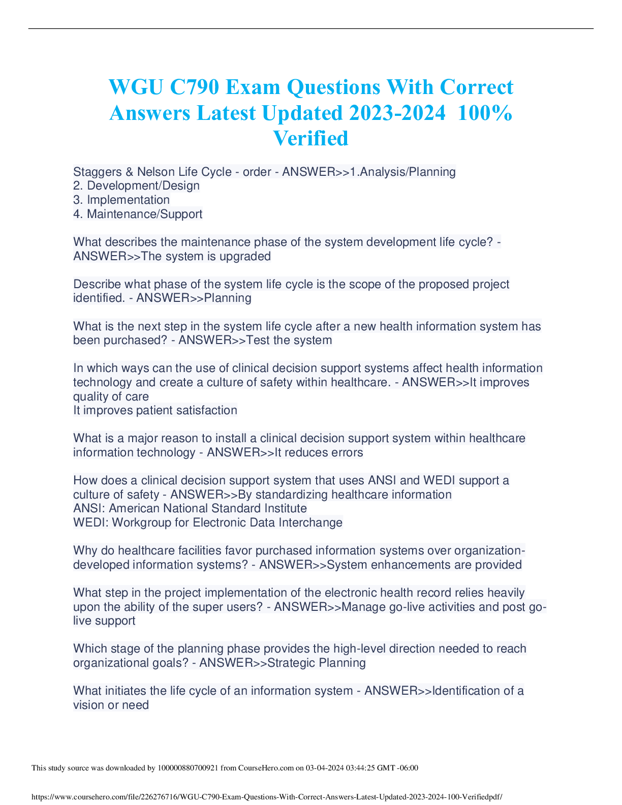 Preview of WGU C790 Exam Questions With Correct Answers Latest Updated 2023-2024 100% Verified