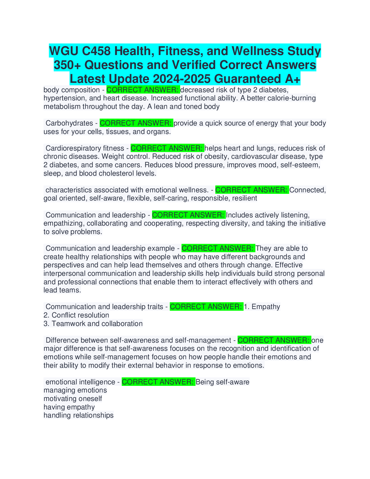 Recommended document preview for WGU C458 Health, Fitness, and Wellness Study 350+ Questions and Verified Correct Answers Latest Update 2024-2025 Guaranteed A+