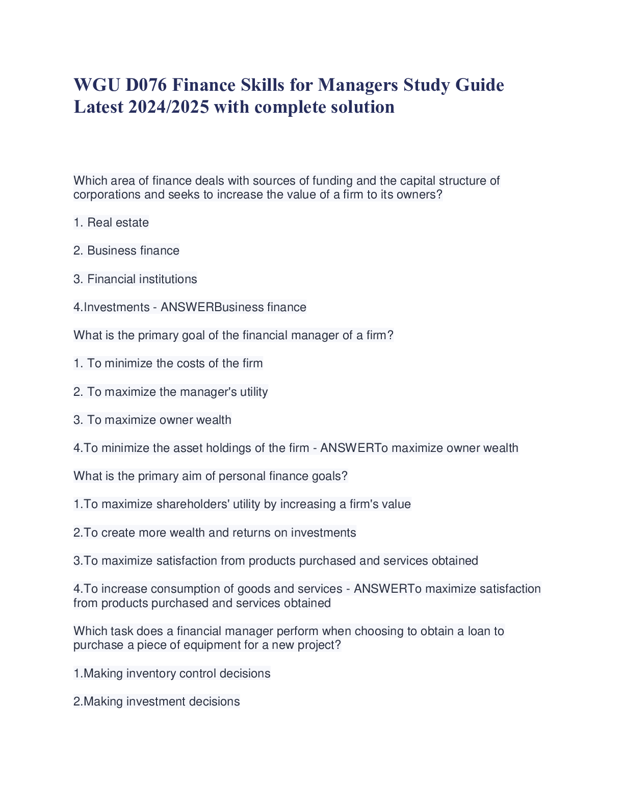 Recommended document preview for WGU D076 Finance Skills for Managers Study Guide Latest 2024-2025 with complete solution