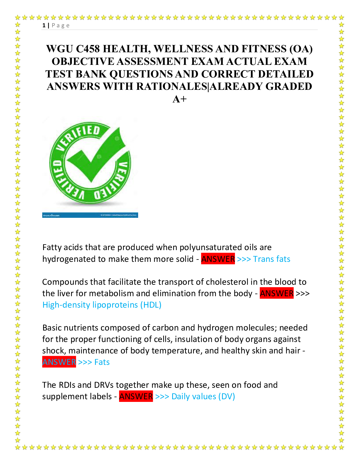 Recommended document preview for WGU C458 HEALTH, WELLNESS AND FITNESS (OA) OBJECTIVE ASSESSMENT EXAM ACTUAL EXAM TEST BANK QUESTIONS AND CORRECT DETAILED ANSWERS WITH RATIONALESALREADY GRADED A+
