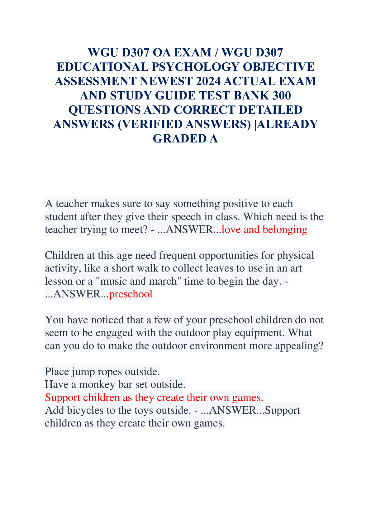 Preview of WGU D307 OA EXAM  WGU D307 EDUCATIONAL PSYCHOLOGY OBJECTIVE ASSESSMENT NEWEST 2024 ACTUAL
