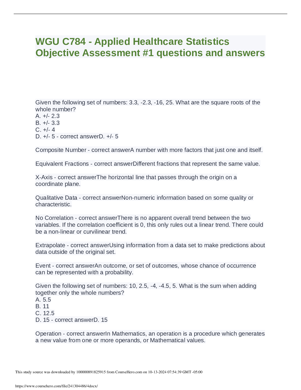 Preview of WGU C784 - Applied Healthcare Statistics Objective Assessment #1 questions and answers