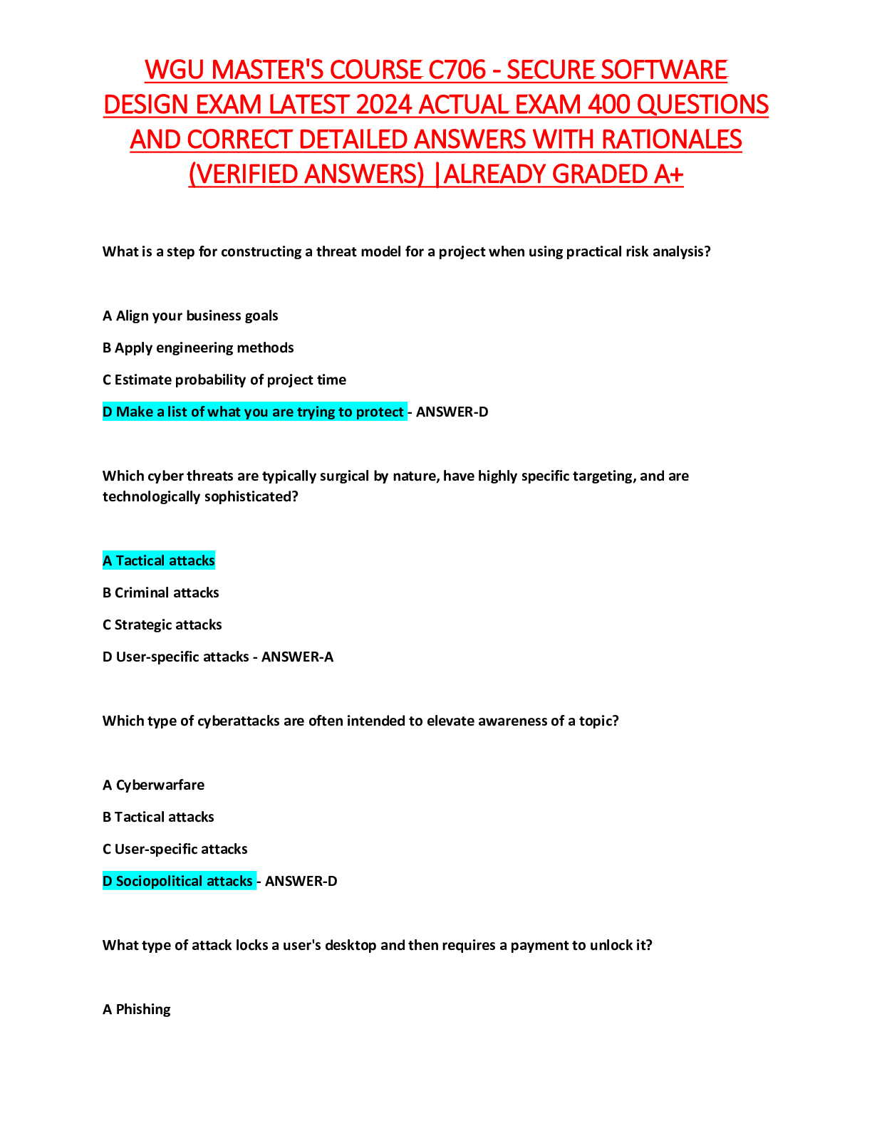 WGU MASTER'S COURSE C706 - SECURE SOFTWARE DESIGN EXAM LATEST 2024 ACTUAL EXAM 400 QUESTIONS AND CORRECT DETAILED ANSWERS WITH RATIONALES (VERIFIED ANSWERS) ALREADY GRADED A+