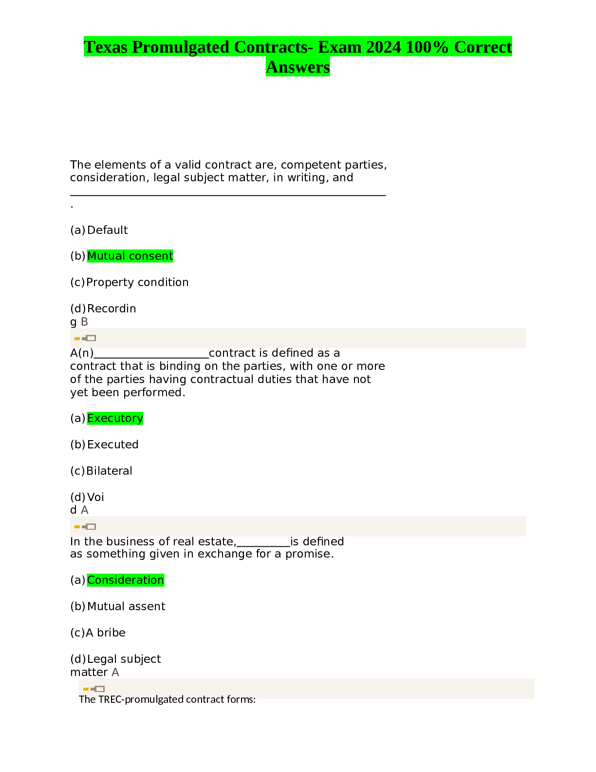 Preview of Texas Promulgated Contracts- Exam 2024 100% Correct Answers