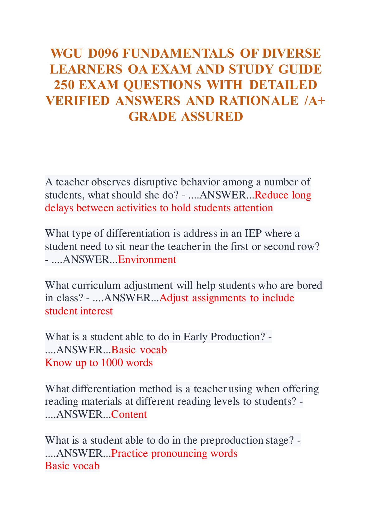 Preview of WGU D096 FUNDAMENTALS OF DIVERSE LEARNERS OA EXAM AND STUDY GUIDE 250 EXAM QUESTIONS WITH