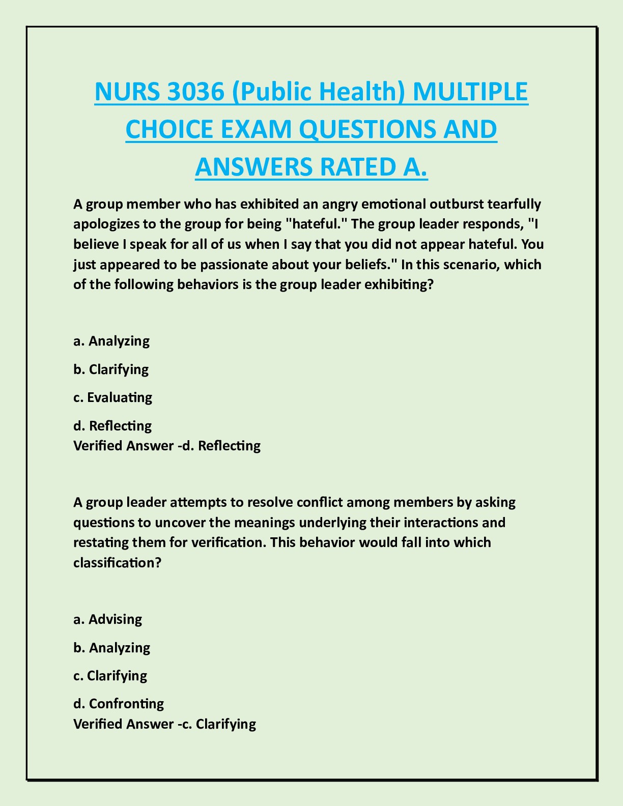 Preview of NURS 3036 (Public Health) MULTIPLE  CHOICE EXAM QUESTIONS AND  ANSWERS RATED A.