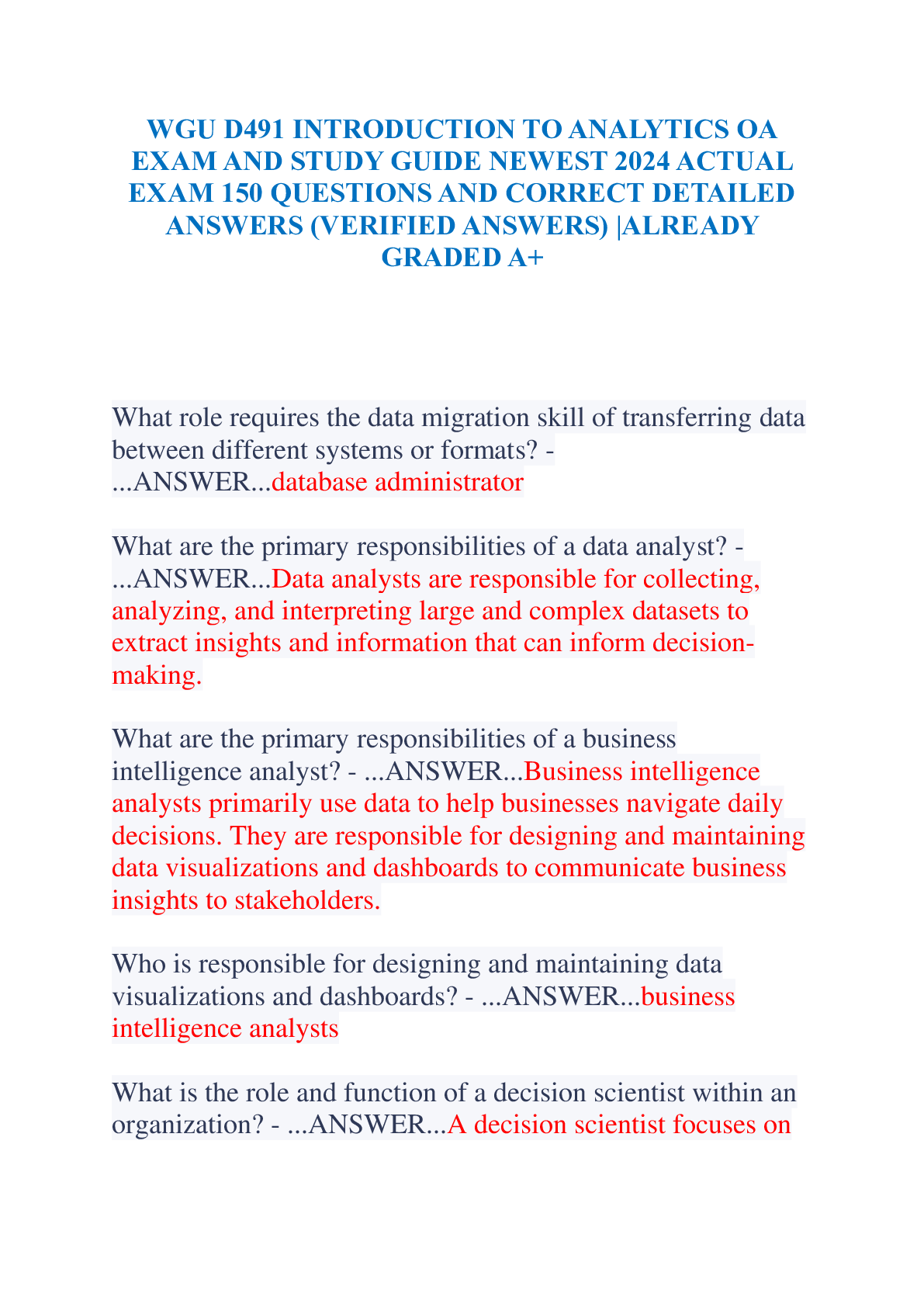 Preview of WGU D491 INTRODUCTION TO ANALYTICS OA EXAM AND STUDY GUIDE NEWEST 2024 ACTUAL EXAM 150 QUE