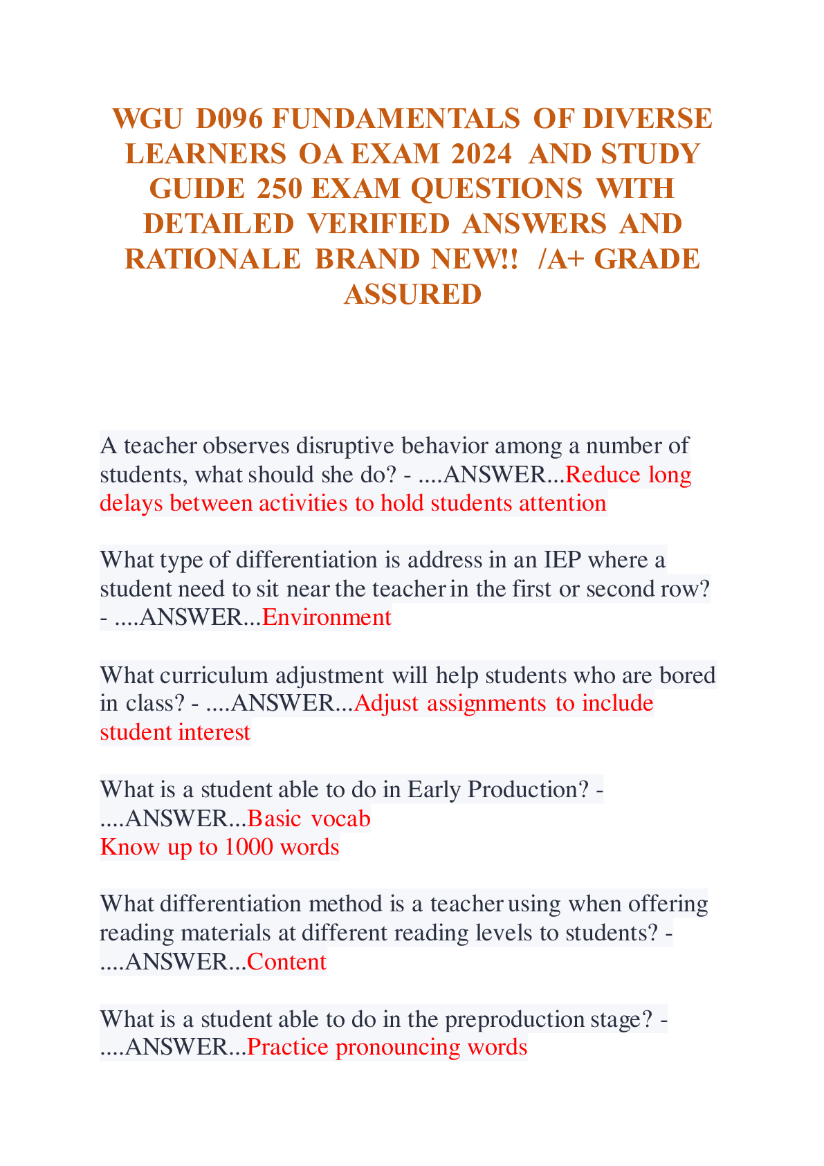Preview of WGU D096 FUNDAMENTALS OF DIVERSE LEARNERS OA EXAM 2024 AND STUDY GUIDE 250 EXAM QUESTIONS