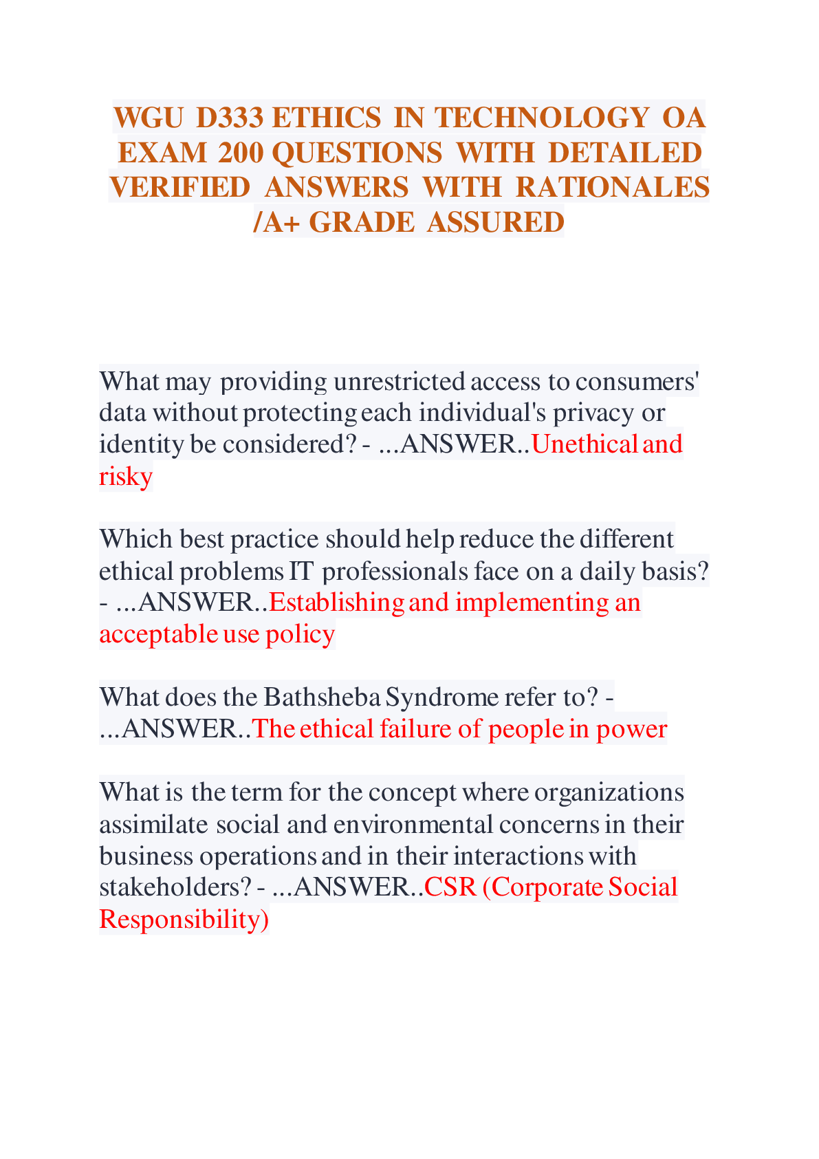 Preview of WGU D333 ETHICS IN TECHNOLOGY OA EXAM 200 QUESTIONS WITH DETAILED VERIFIED ANSWERS WITH RA