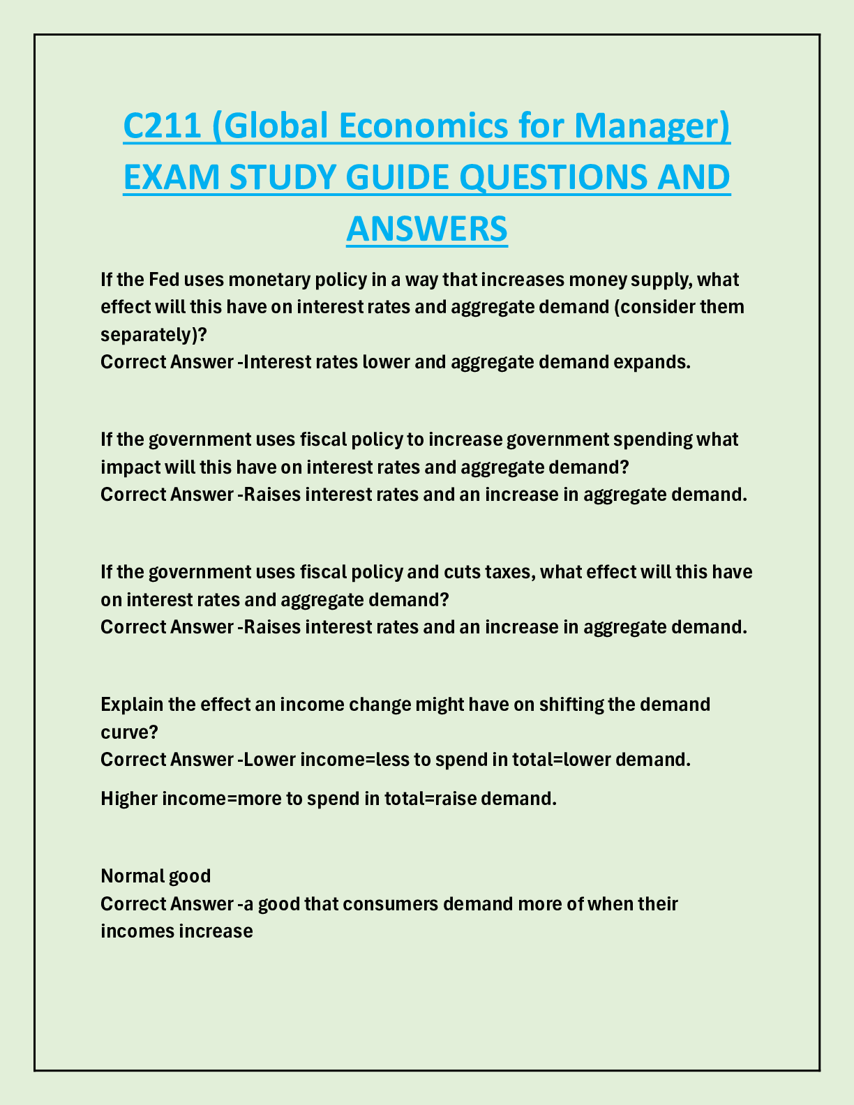 C211 (Global Economics for Manager)  EXAM STUDY GUIDE QUESTIONS AND  ANSWER WESTERN GOVERNORS UNIVERSITY