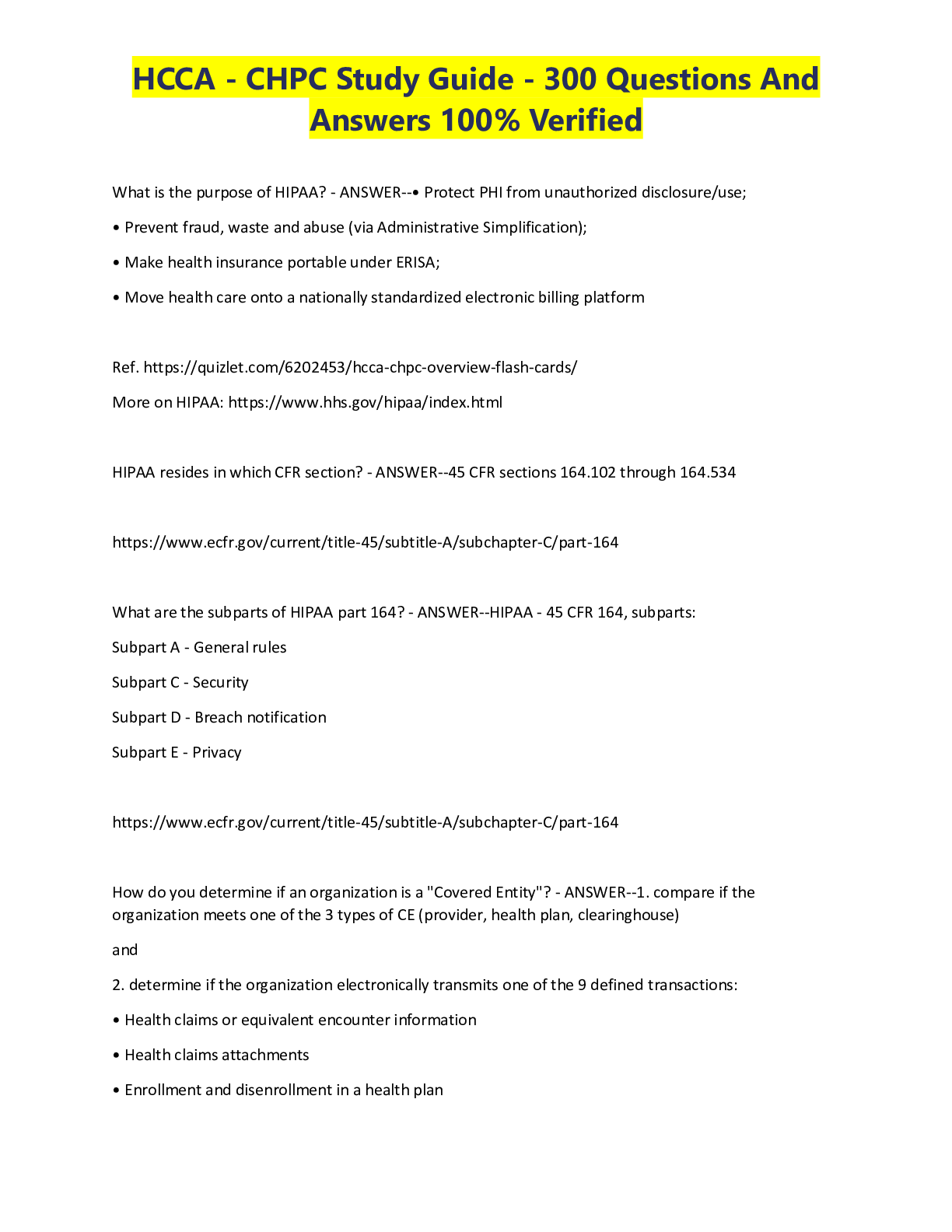Preview of HCCA - CHPC Study Guide - 300 Questions And Answers 100% Verified