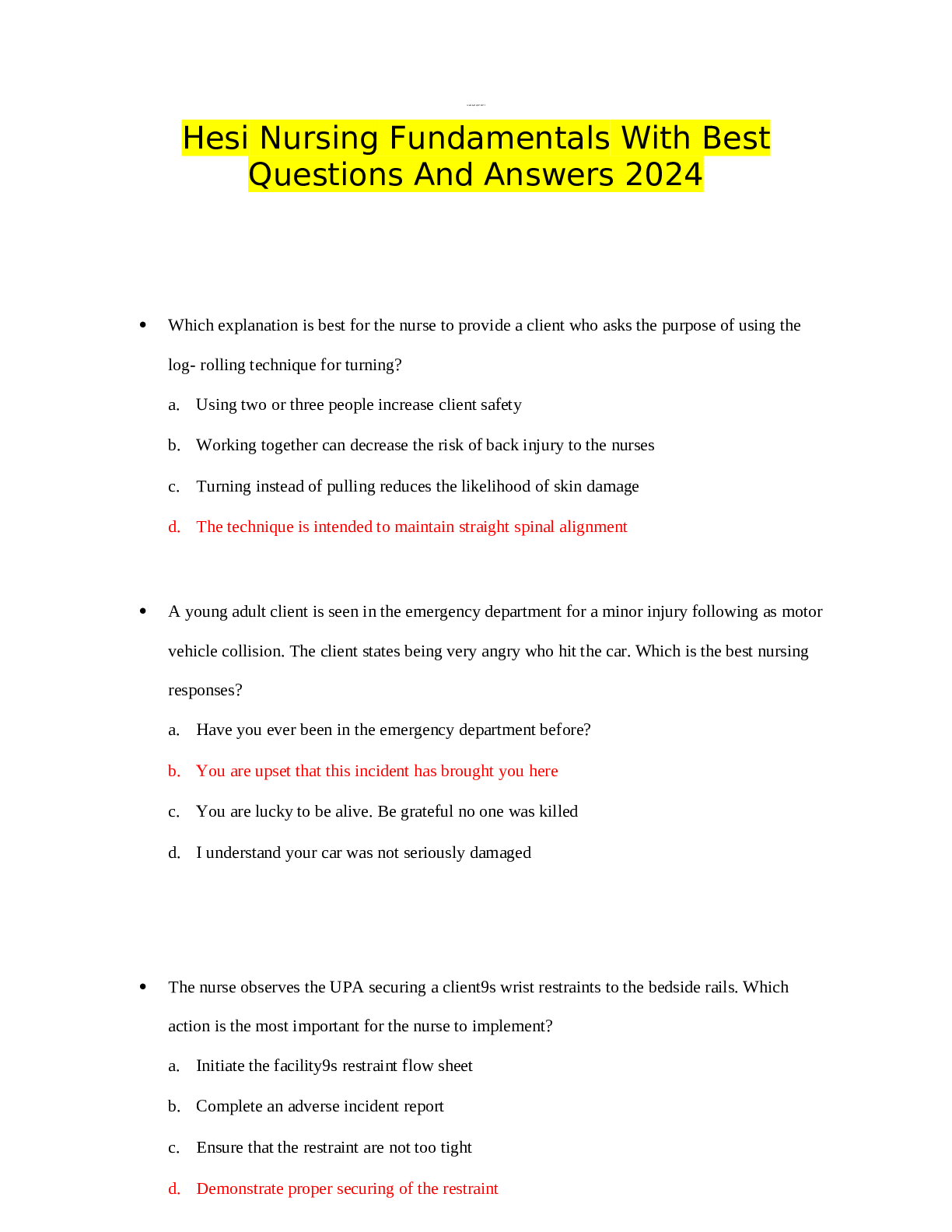 Preview of Hesi Nursing Fundamentals With Best Questions And Answers 2024