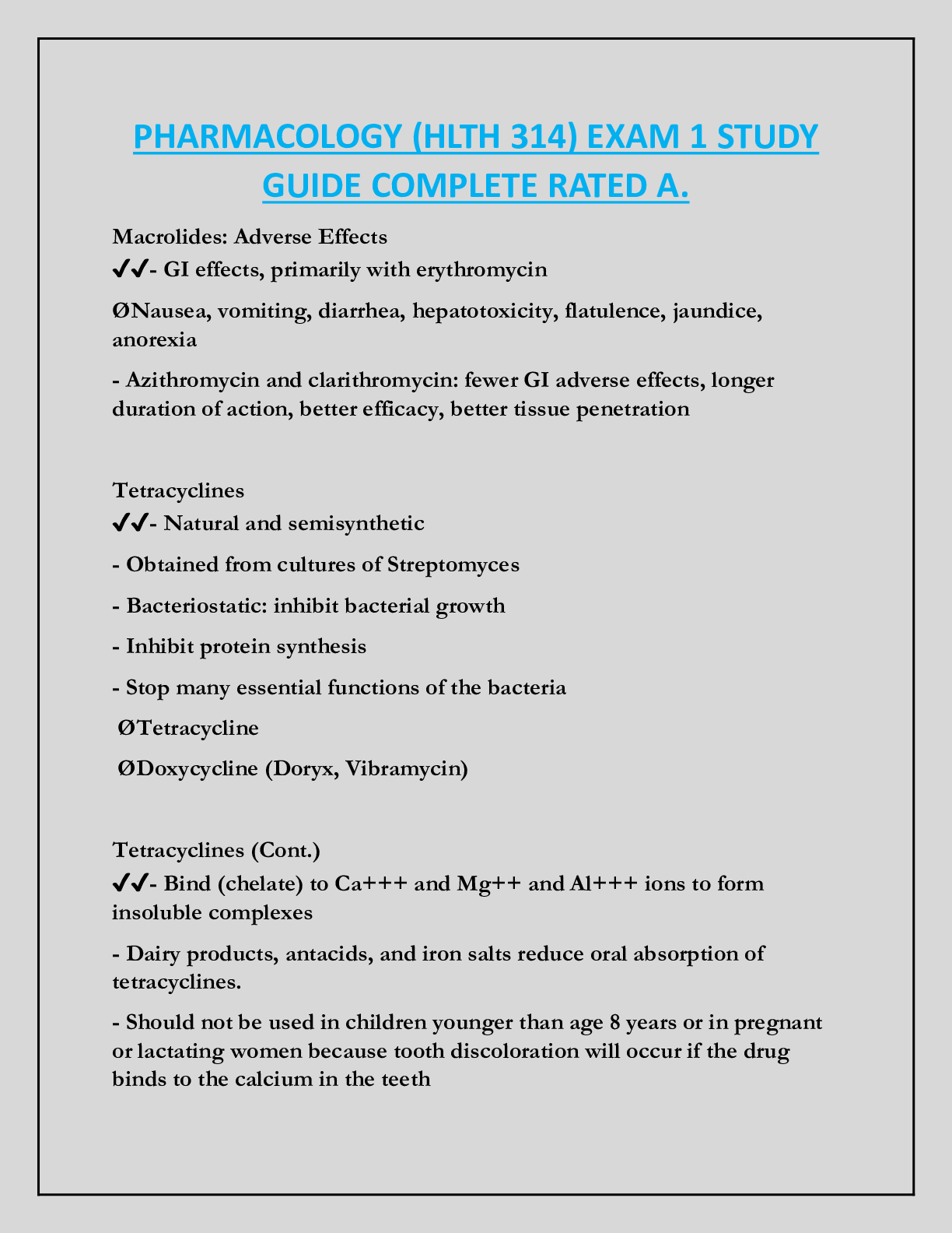 PHARMACOLOGY (HLTH 314) EXAM 1 STUDY  GUIDE COMPLETE RATED A.