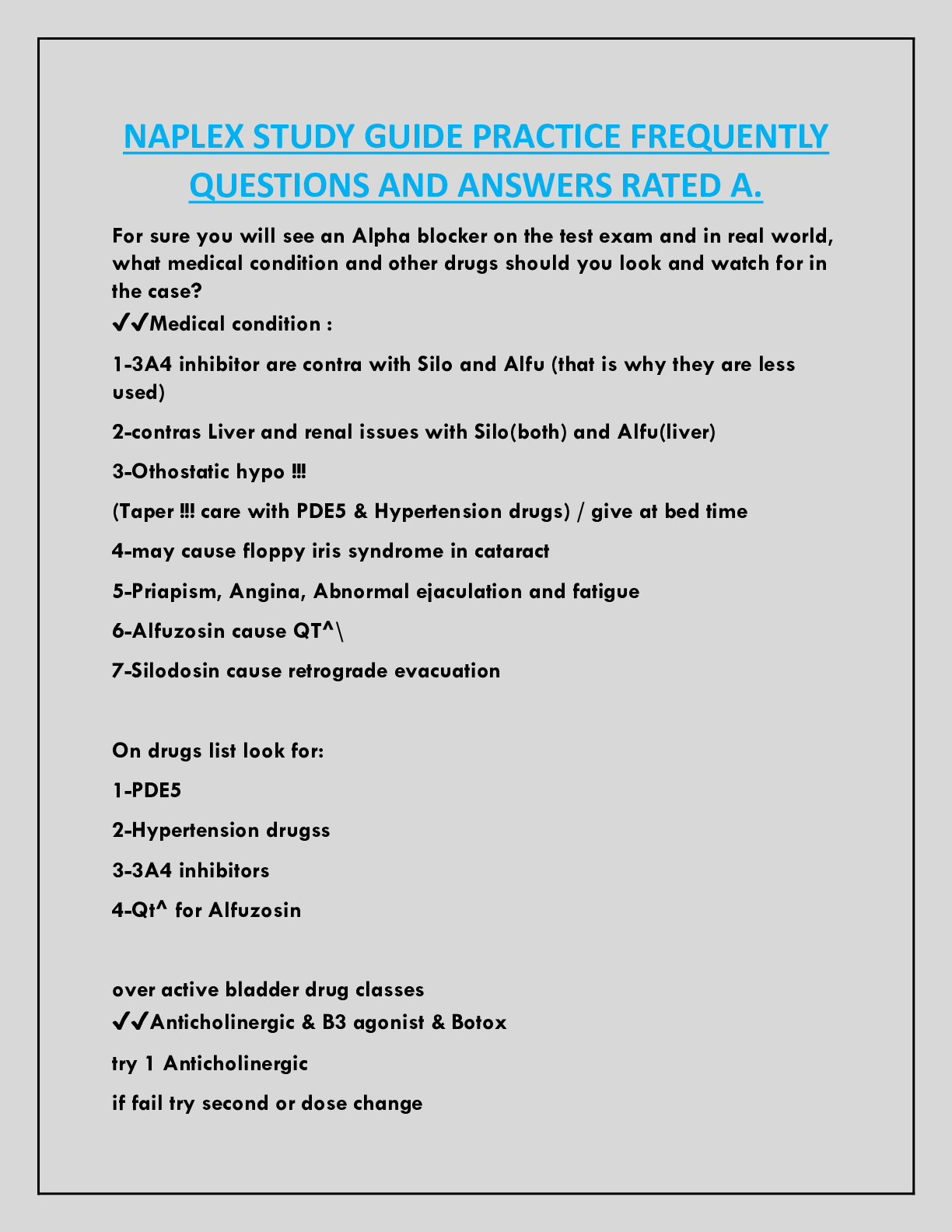 NAPLEX STUDY GUIDE PRACTICE FREQUENTLY  QUESTIONS AND ANSWERS RATED A.
