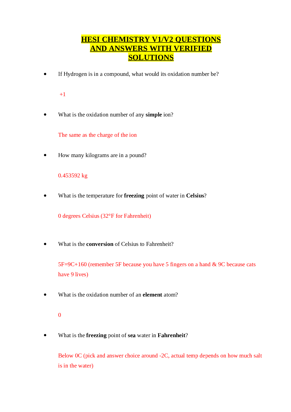 Preview of HESI CHEMISTRY V1-V2 QUESTIONS AND ANSWERS WITH VERIFIED SOLUTIONS