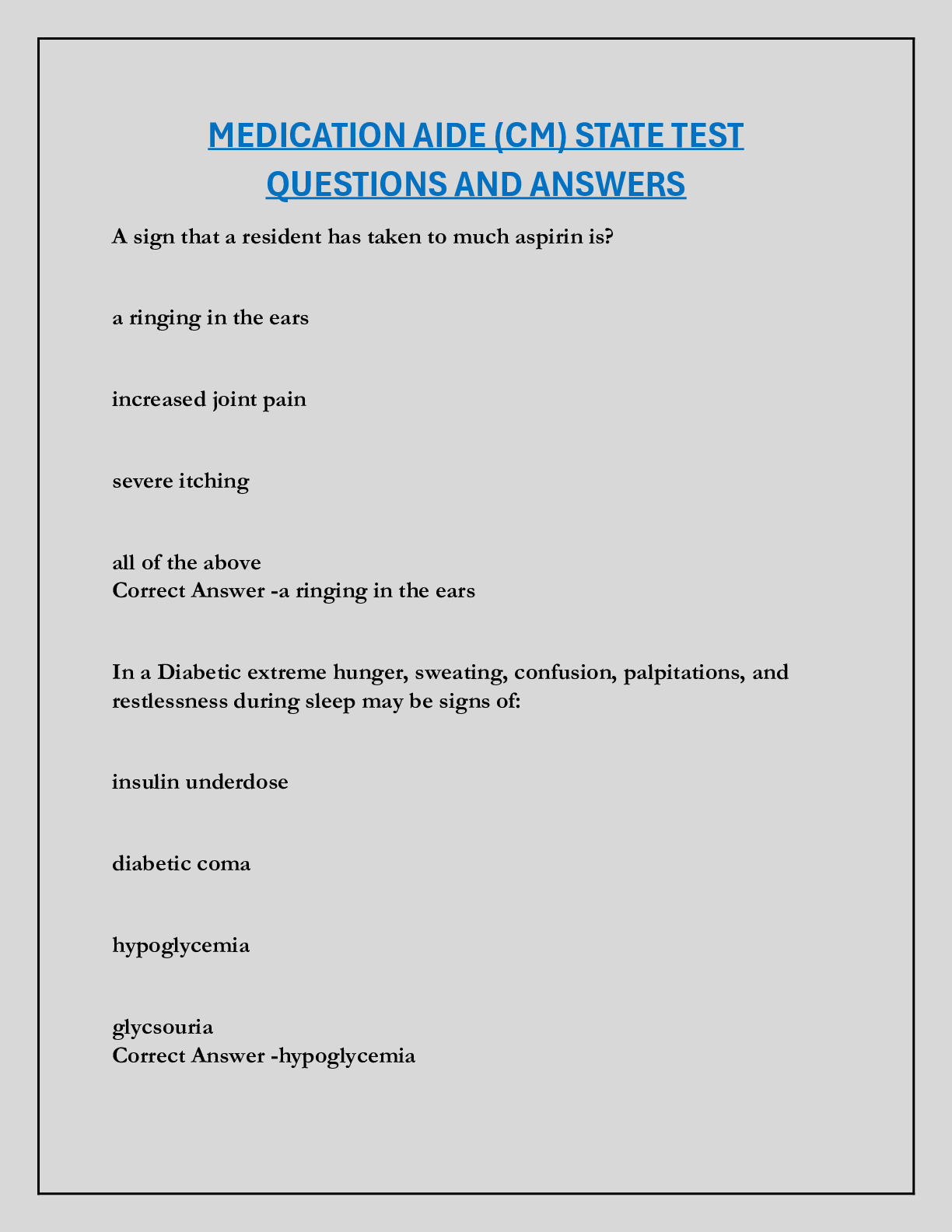 MEDICATION AIDE (CM) STATE TEST  QUESTIONS AND ANSWERS