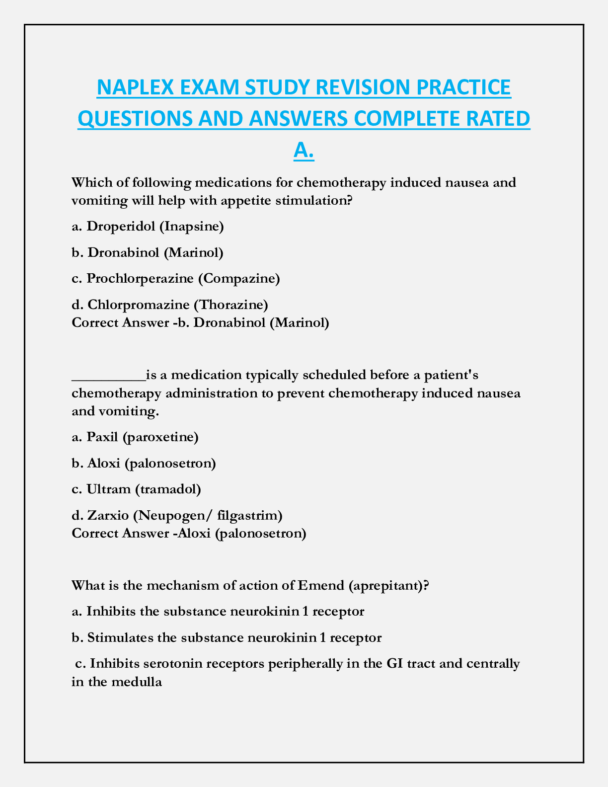 NAPLEX EXAM STUDY REVISION PRACTICE  QUESTIONS AND ANSWERS COMPLETE RATED  A.