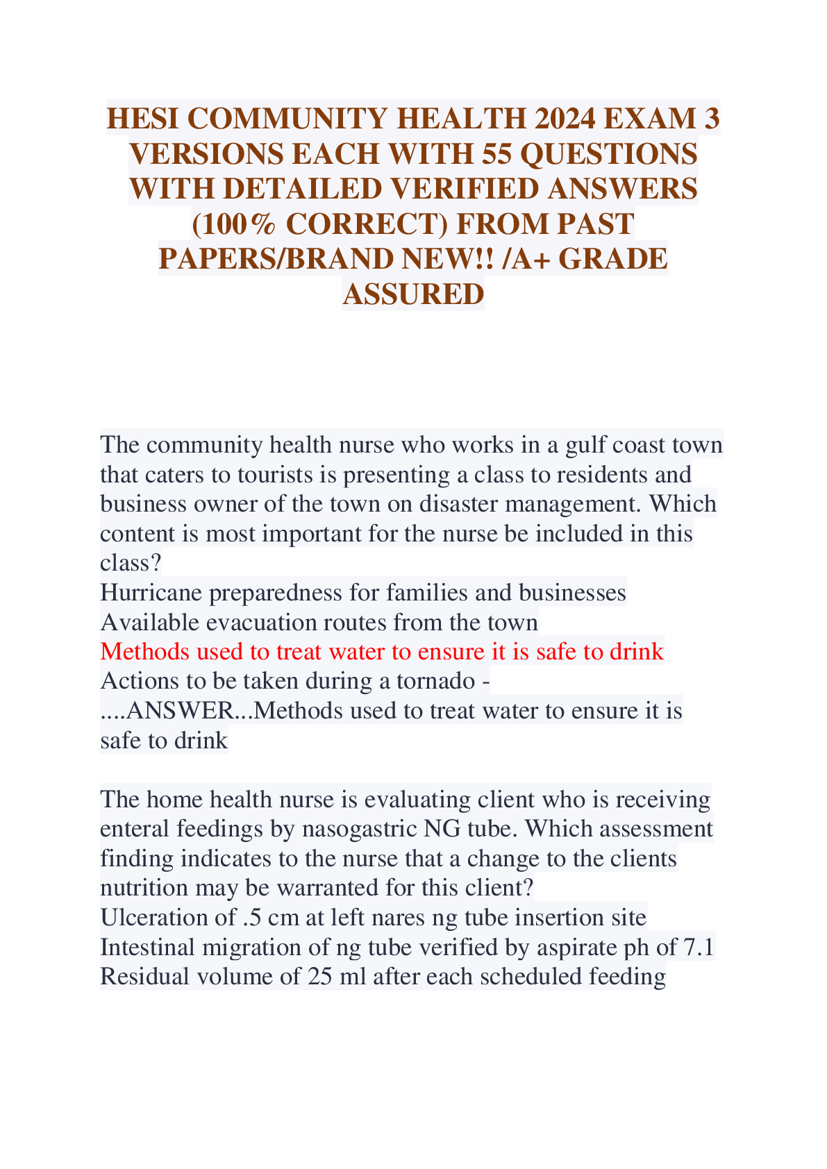 Recommended document preview for HESI COMMUNITY HEALTH 2024 EXAM 3 VERSIONS EACH WITH 55 QUESTIONS WITH DETAILED VERIFIED ANSWERS (100% CORRECT) FROM PAST PAPERS BRAND NEW!! A+ GRADE ASSURED