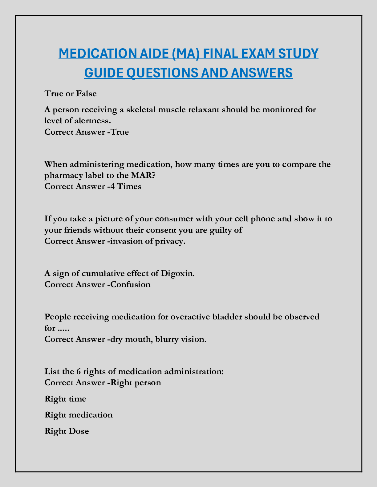 MEDICATION AIDE (MA) FINAL EXAM STUDY  GUIDE QUESTIONS AND ANSWERS