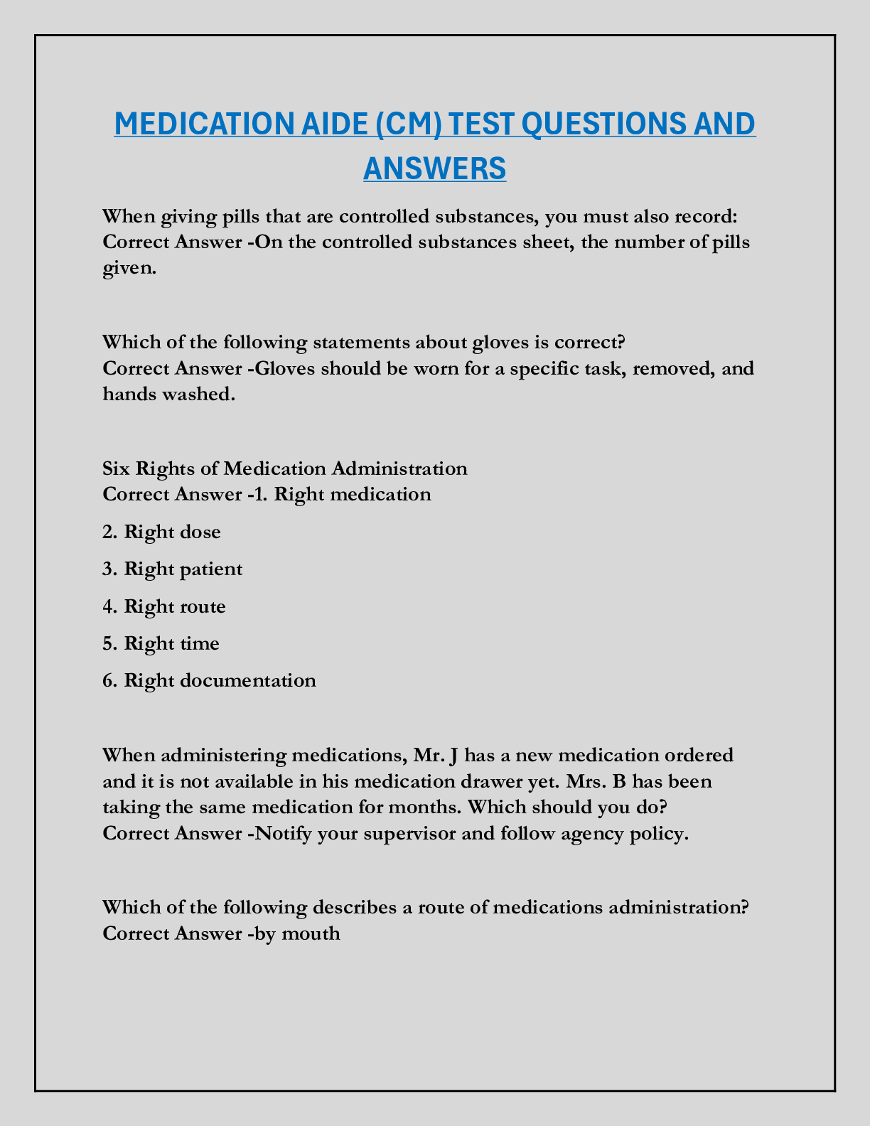 MEDICATION AIDE (CM) TEST QUESTIONS AND  ANSWERS