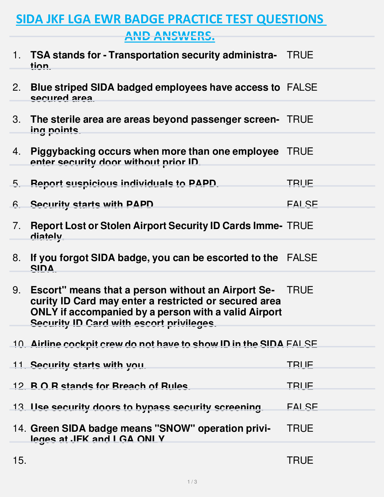 SIDA JKF LGA EWR BADGE PRACTICE TEST QUESTIONS  AND ANSWERS