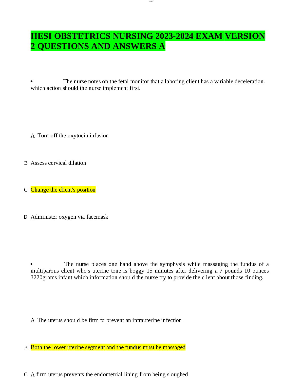 Preview of HESI OBSTETRICS NURSING 2023-2024 EXAM VERSION 2 QUESTIONS AND ANSWERS A