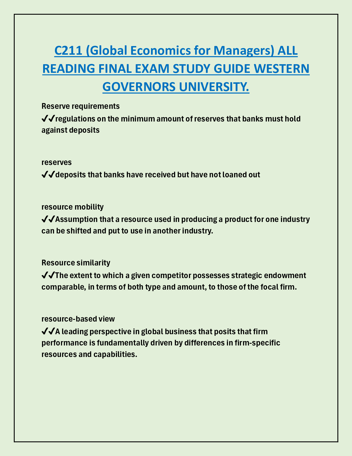 Preview of C211 (Global Economics for Managers) ALL  READING FINAL EXAM STUDY GUIDE WESTERN  GOVERNORS UNIVERSITY.