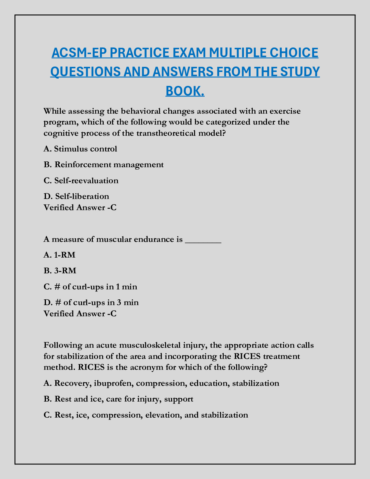 ACSM-EP PRACTICE EXAM MULTIPLE CHOICE  QUESTIONS AND ANSWERS FROM THE STUDY  BOOK.