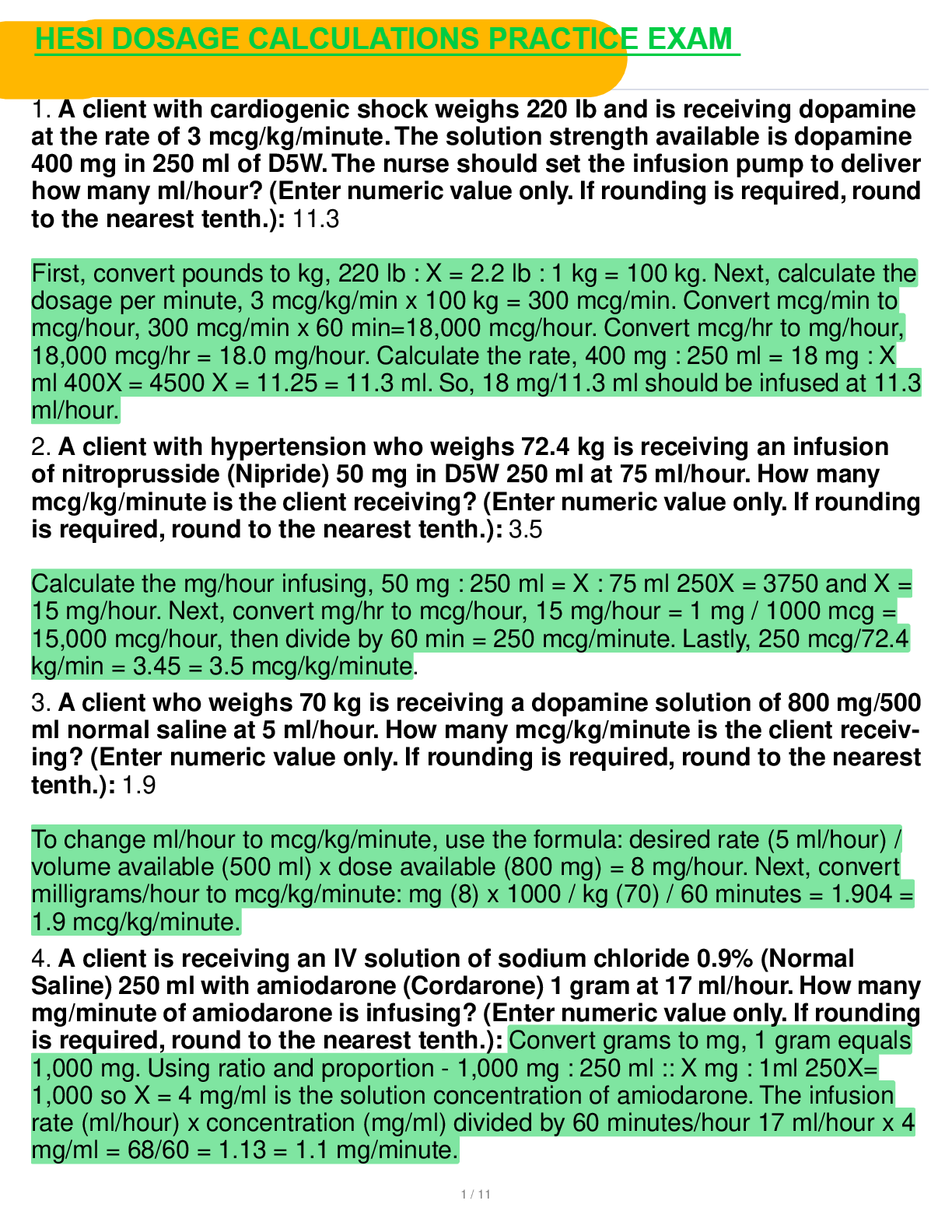 Preview image of HESI Dosage Calculations Practice Exam 2024 document