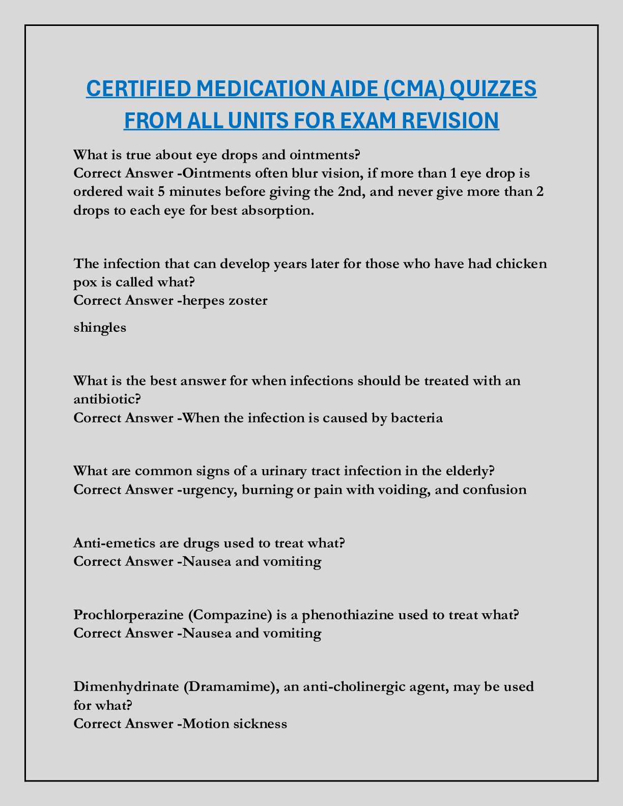 CERTIFIED MEDICATION AIDE (CMA) QUIZZES  FROM ALL UNITS FOR EXAM REVISION