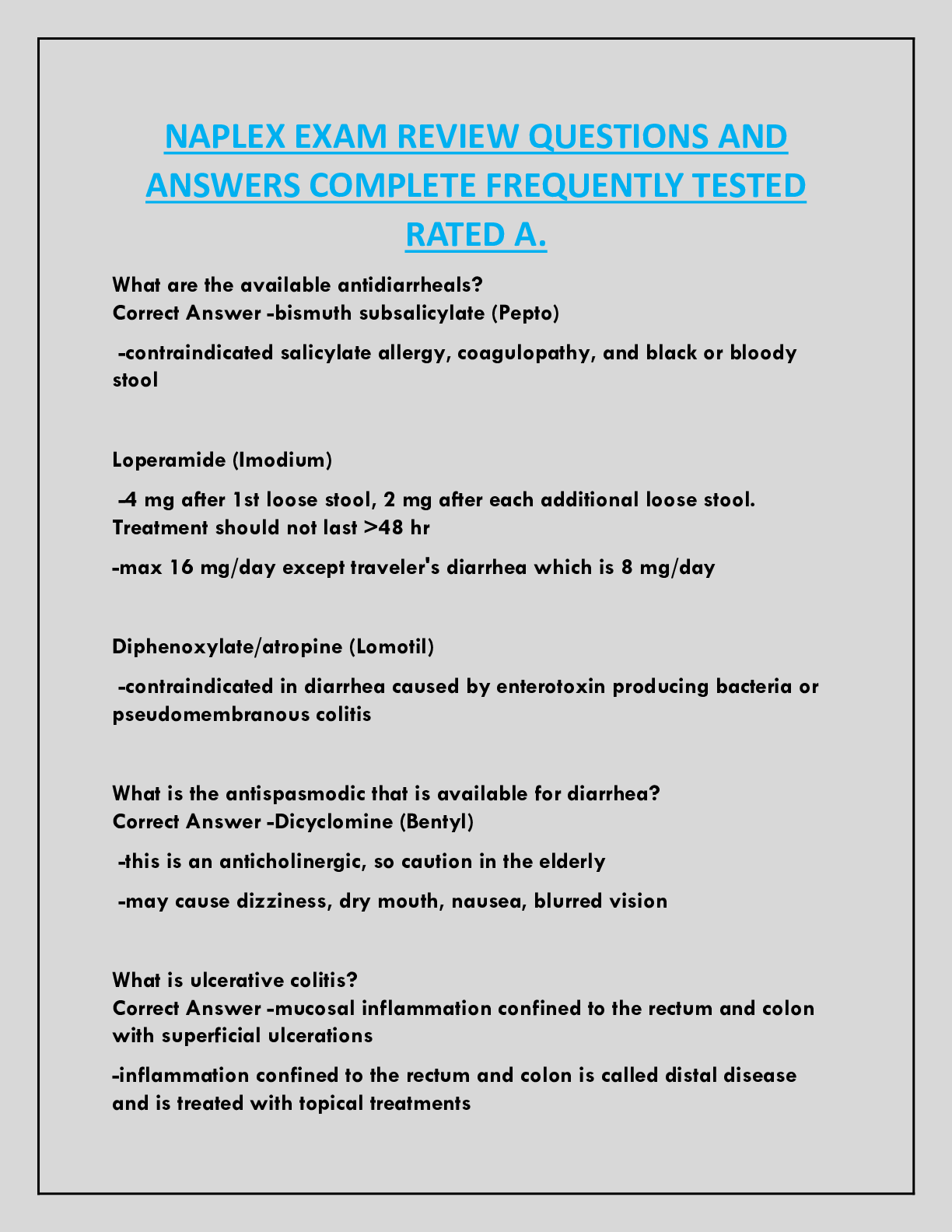 NAPLEX EXAM REVIEW QUESTIONS AND  ANSWERS COMPLETE FREQUENTLY TESTED  RATED A.