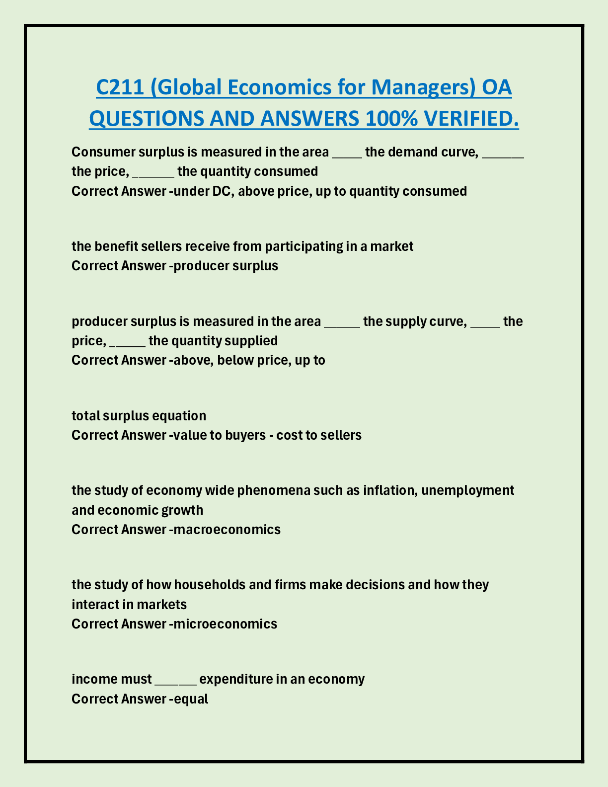 C211 (Global Economics for Managers) OA QUESTIONS AND ANSWERS 100% VERIFIED WESTERN GOVERNORS UNIVERSITY