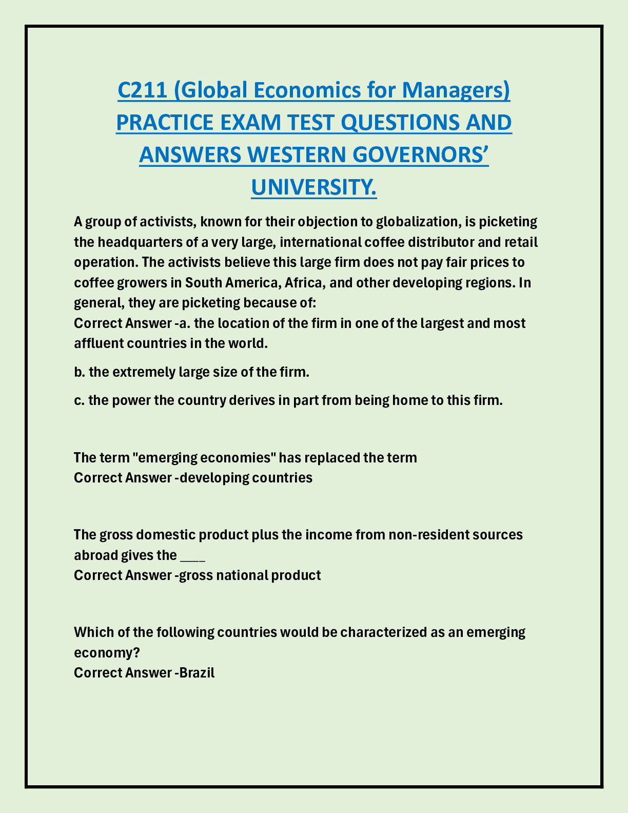 C211 (Global Economics for Managers)  PRACTICE EXAM TEST QUESTIONS AND  ANSWERS WESTERN GOVERNORS’ UNIVERSITY.