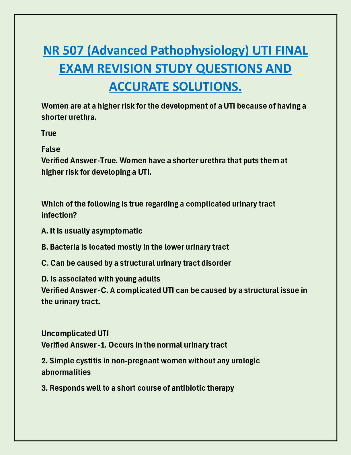 Preview of NR 507 (Advanced Pathophysiology) UTI FINAL EXAM REVISION STUDY QUESTIONS AND  ACCURATE SOLUTIONS.
