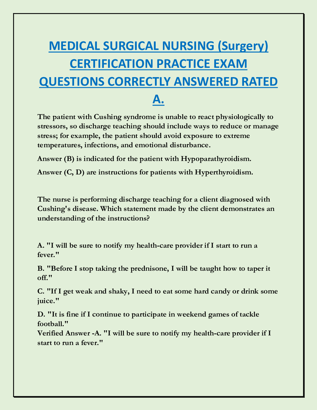 Preview of MEDICAL SURGICAL NURSING (Surgery)  CERTIFICATION PRACTICE EXAM  QUESTIONS CORRECTLY ANSWE