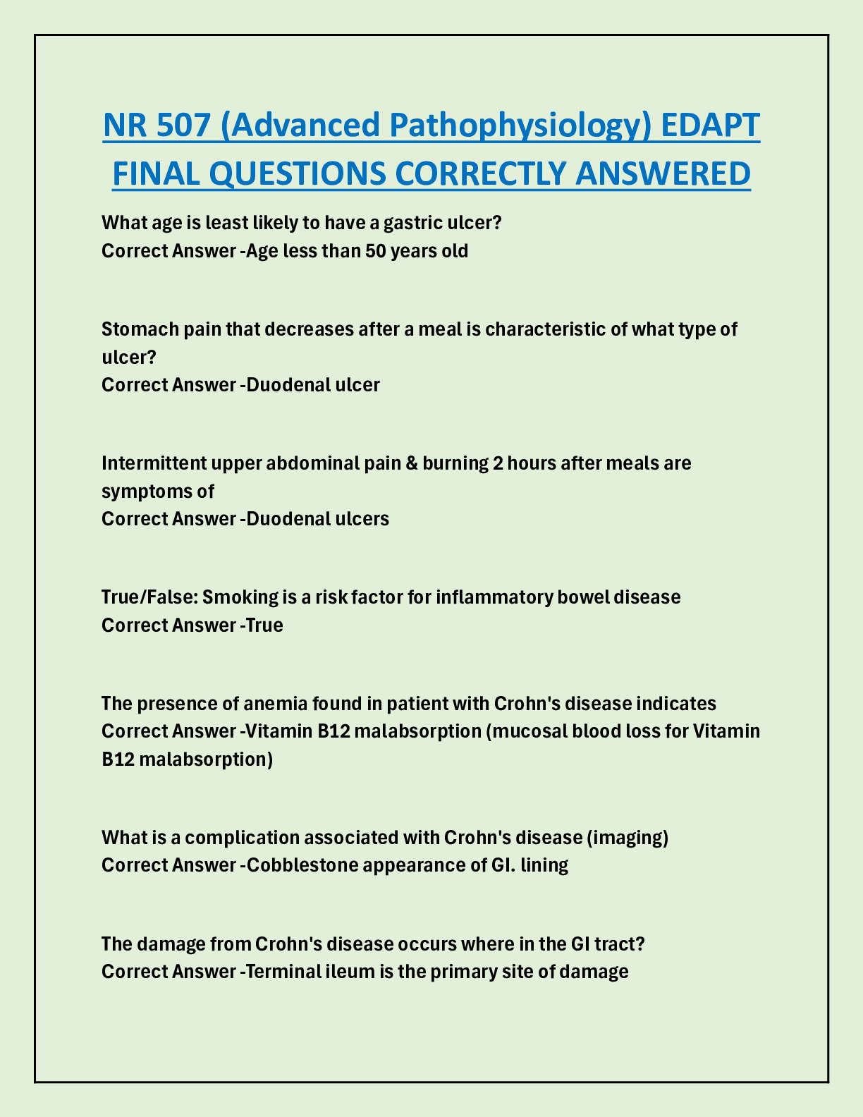Preview of NR 507 (Advanced Pathophysiology) EDAPT  FINAL QUESTIONS CORRECTLY ANSWERED