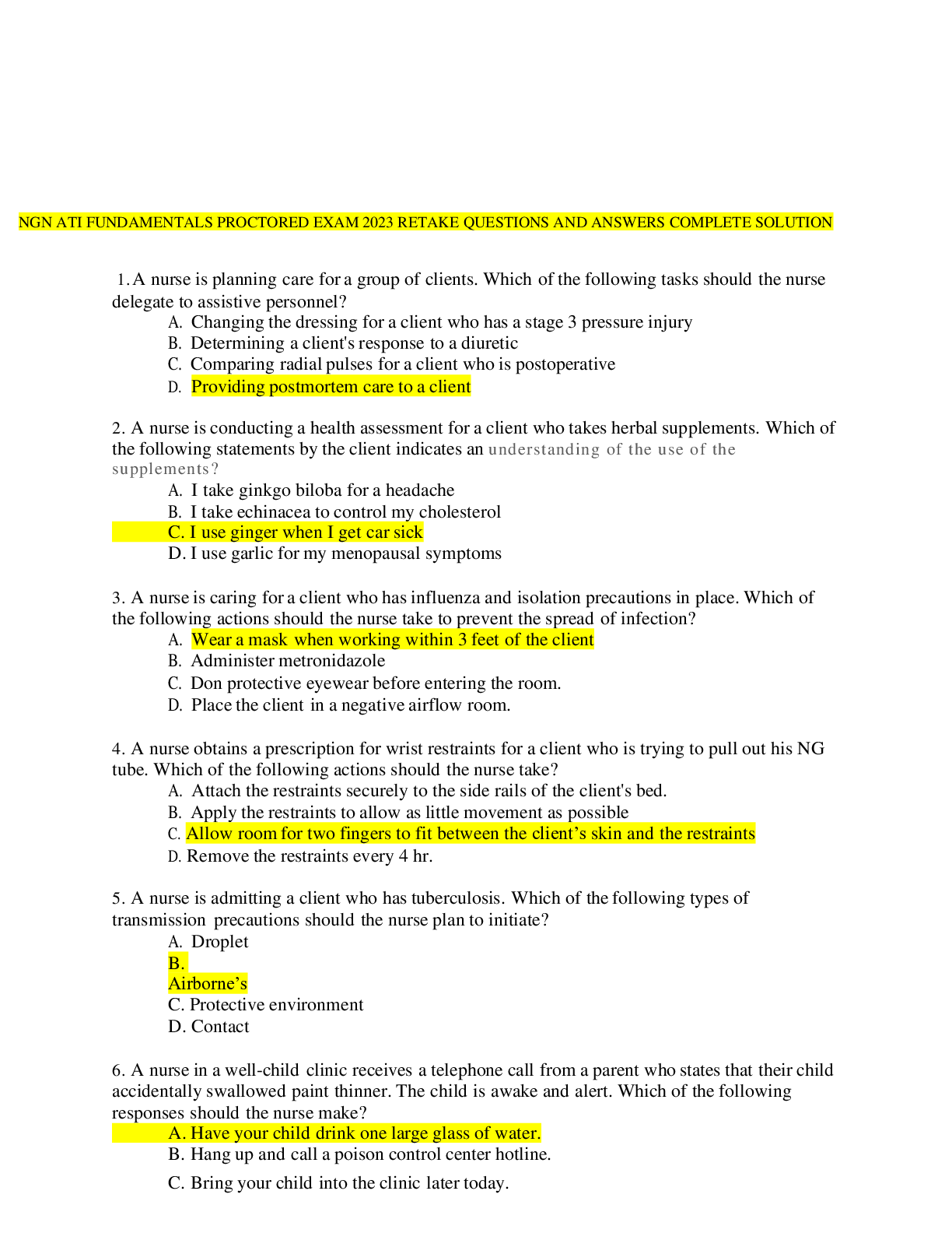 Preview of NGN ATI FUNDAMENTALS PROCTORED EXAM 2023 RETAKE QUESTIONS AND ANSWERS COMPLETE SOLUTION