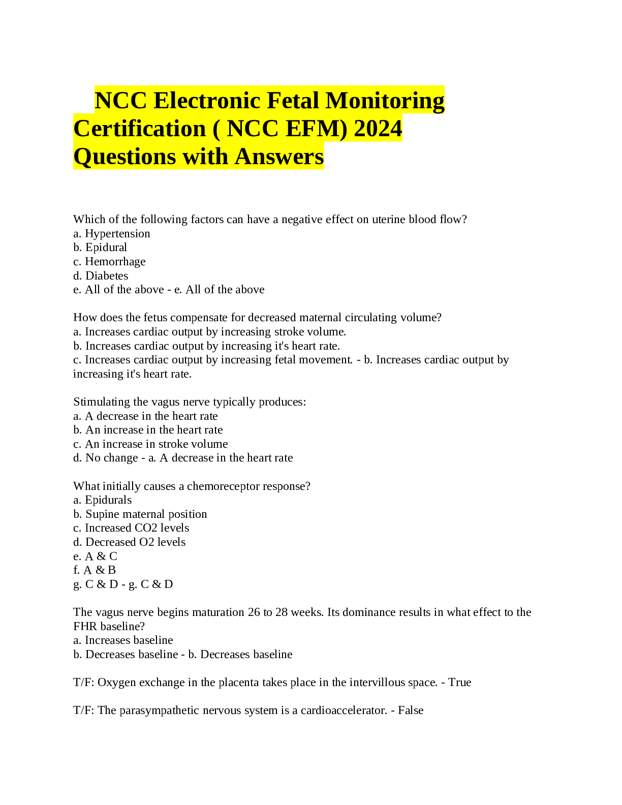 Preview of NCC Electronic Fetal Monitoring Certification ( NCC EFM) 2024 Questions with Answers
